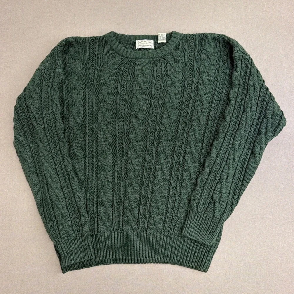 American Eagle Mens Green Cable Knit Sweater Ramie Cotton Blend Vintage Style M